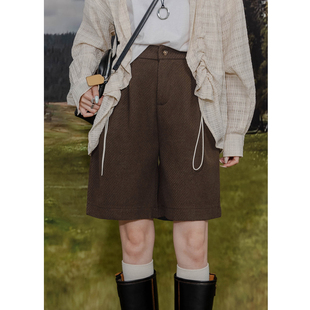 宽松百搭显瘦阔腿裤 复古毛呢五分裤 女半松紧高腰简约呢字直筒中裤