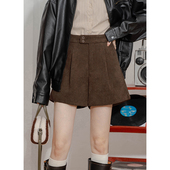 复古高腰灯芯绒阔腿短裤 宽松百搭条绒A字裤 女春季 外穿休闲裤