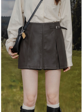 复古PU皮裙裤设计感不对称显瘦高腰A字短裙时尚百搭简约阔腿短裤