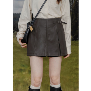 百搭简约阔腿短裤 复古PU皮裙裤 设计感不对称显瘦高腰A字短裙时尚