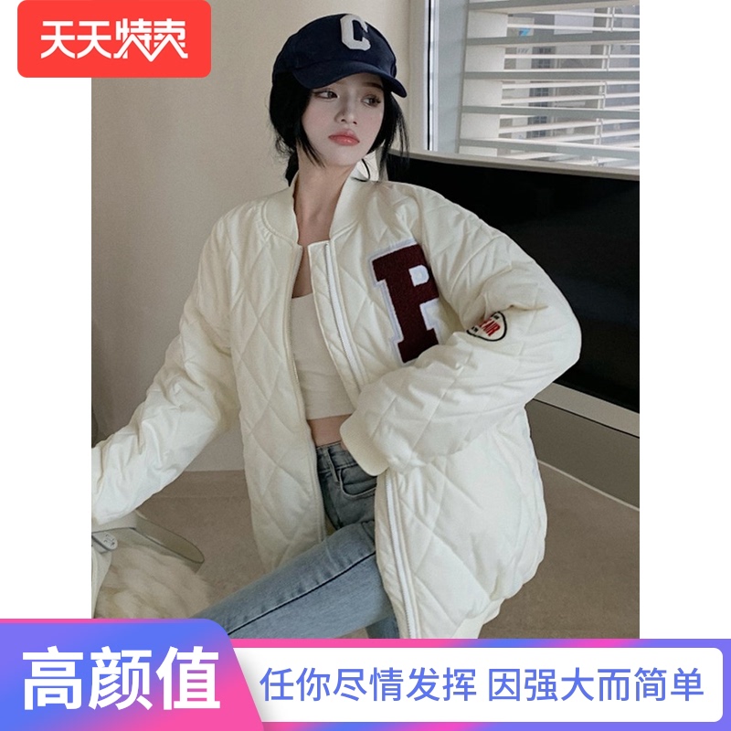 菱形格棉服外套女秋冬季美式复古飞行员夹克设计感小众棒球服棉衣