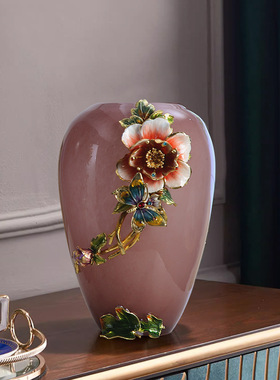 珐琅彩粉色玻璃插花花瓶工艺品家居装饰品卧室客厅电视柜玄关摆件