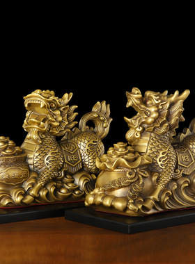 黄铜麒麟一对聚宝盆旺财麒麟金属工艺品家居装饰品聚财铜摆件批发