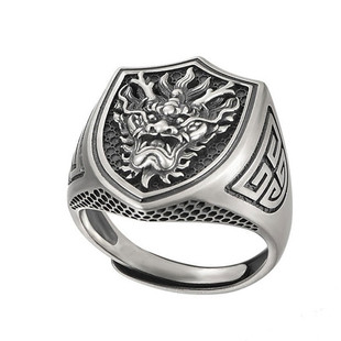 龙头戒指男士潮个性复古民族风单身生肖龙新款复古潮盾牌指环开口