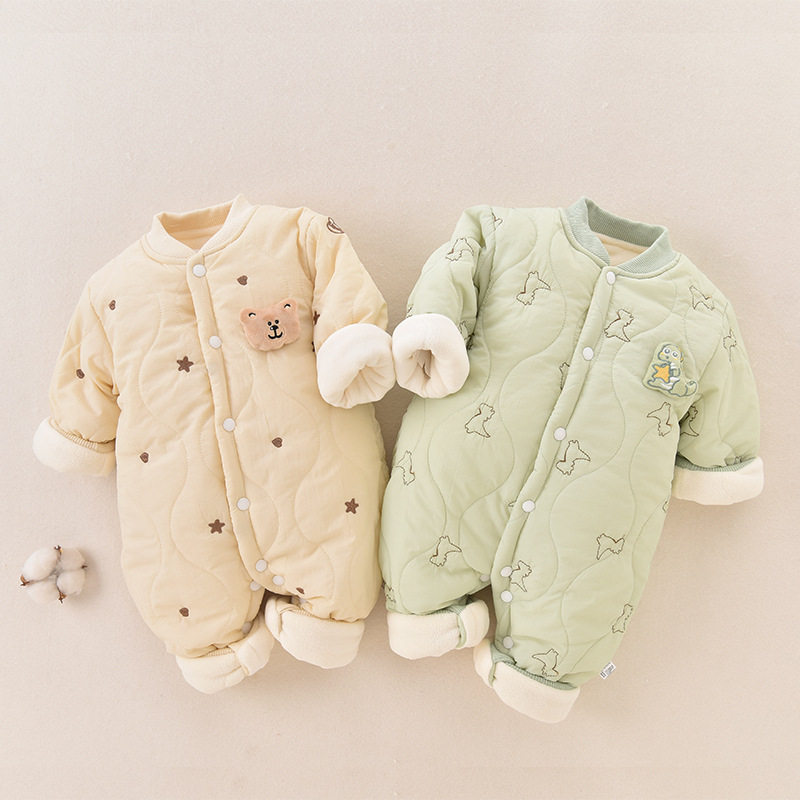 秋冬婴儿连体衣夹棉保暖棉服新生儿加绒加厚棉袄宝宝外出服哈衣