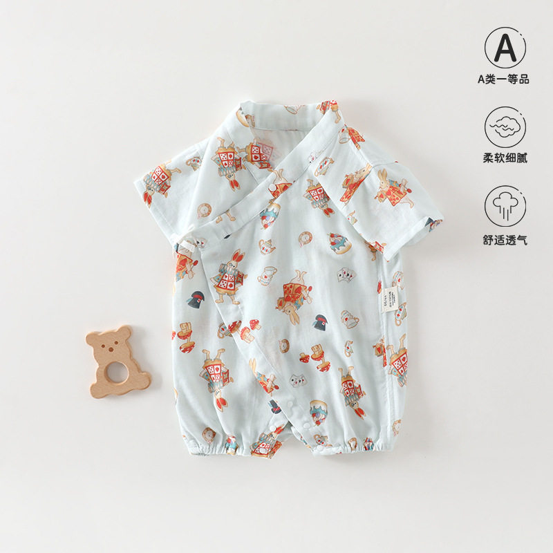 婴儿夏薄款衣服A类夏季竹纤维纱布短袖汉服宝宝连体衣睡衣空调服