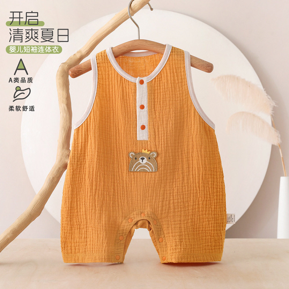 婴儿夏薄款衣服a类棉夏季婴儿连体衣薄款纱布无袖爬服宝宝透气