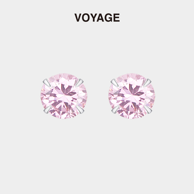 999纯银粉色锆石耳钉女爆闪华子