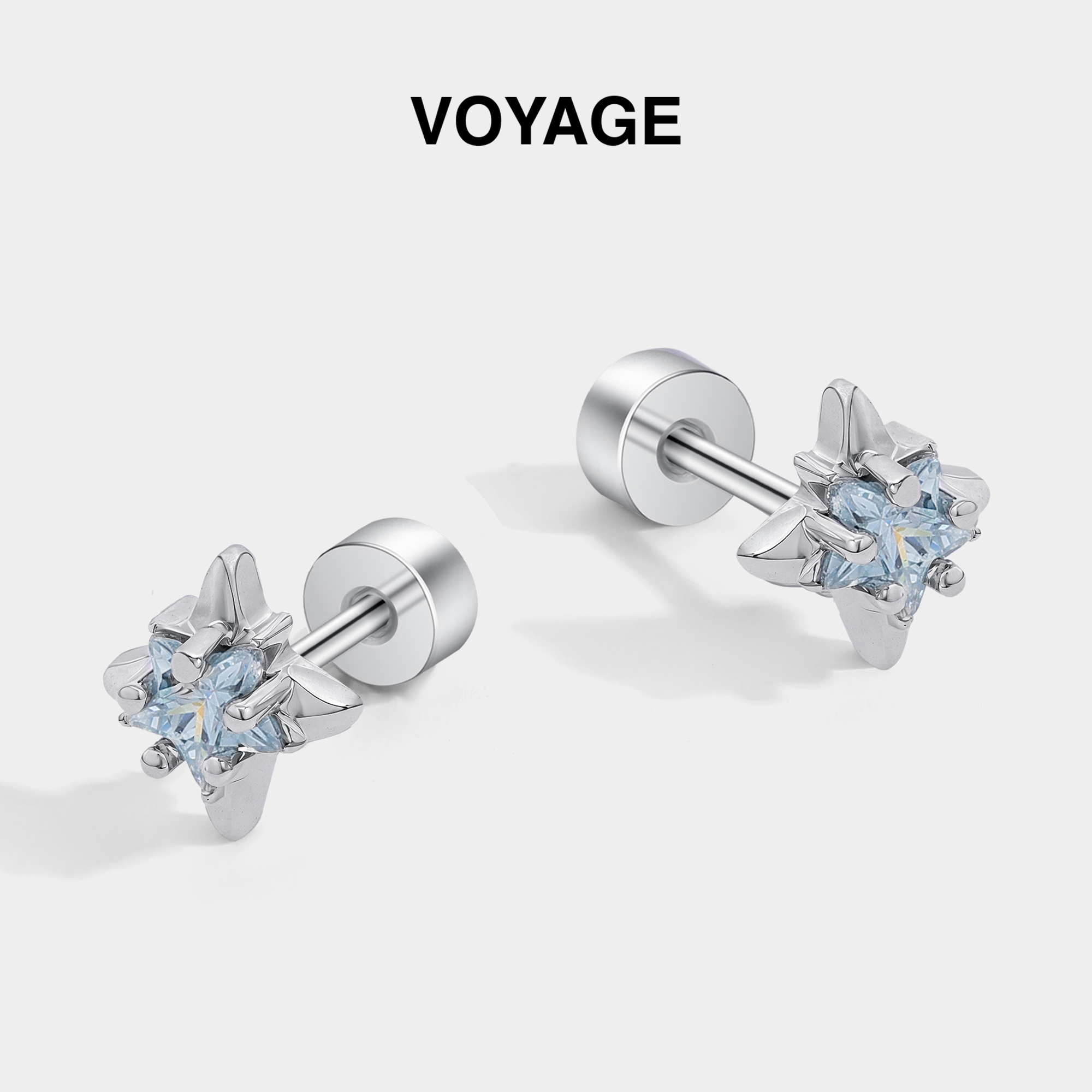 蓝色星芒五角星星耳钉钛合金耳饰