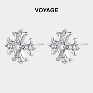 十字架鸢尾花耳钉女锆石耳骨钉轻奢男款耳蜗钉小众耳环高级感耳饰