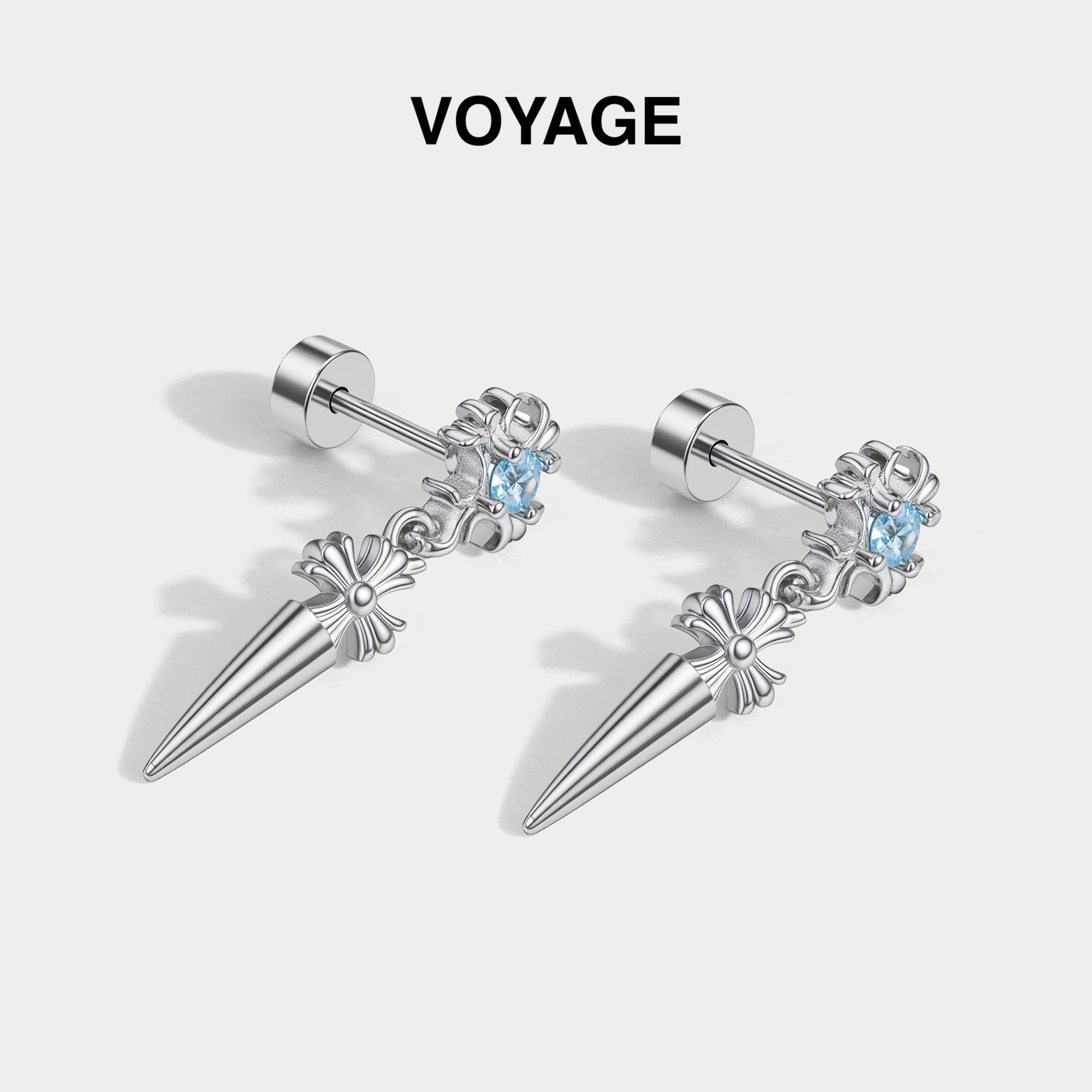 碎冰蓝锆石鸢尾十字架耳钉耳骨钉