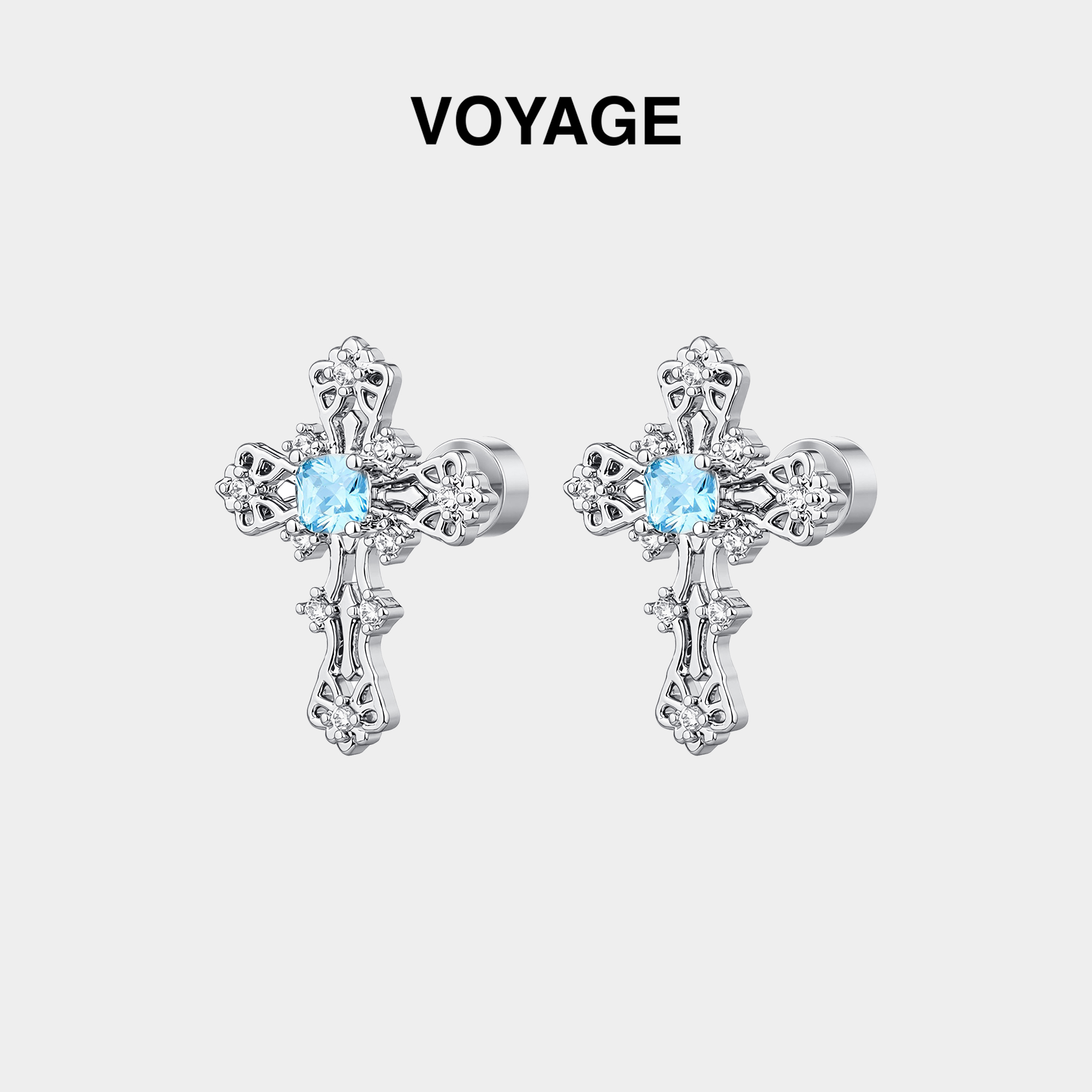 碎冰蓝十字架耳钉男款钛合金耳饰