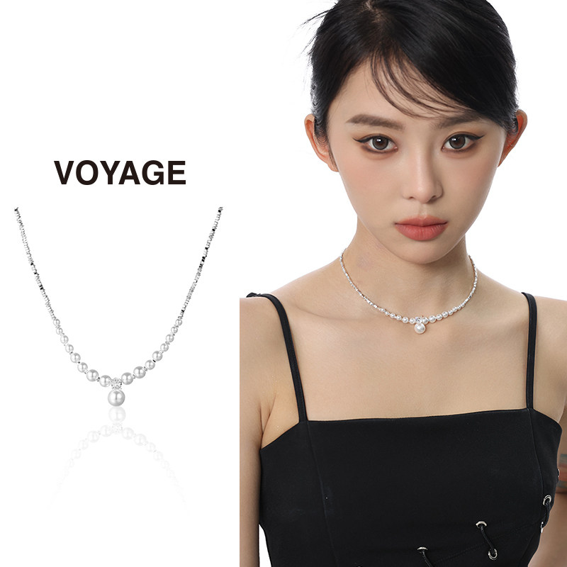 法式碎银子珍珠吊坠项链女毛衣链