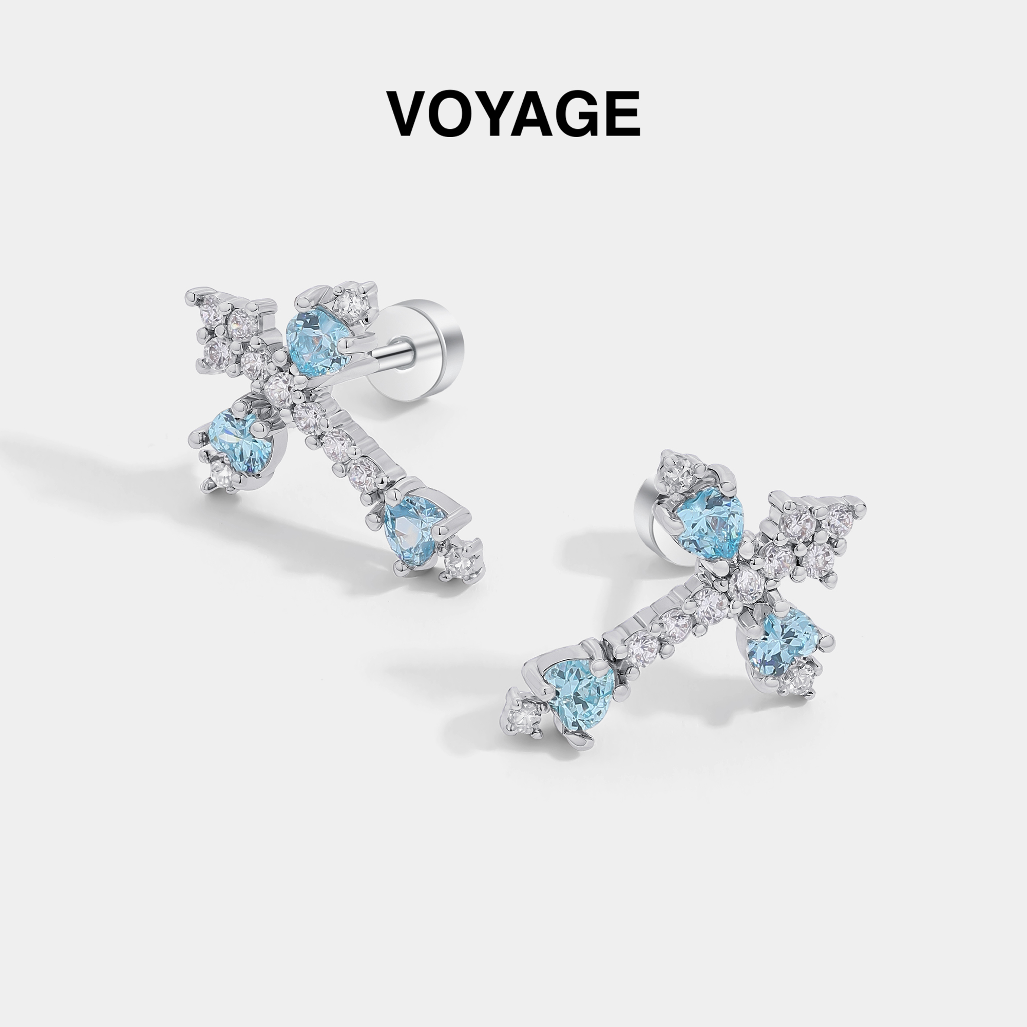 碎冰蓝十字架钛合金耳钉女耳骨钉