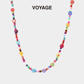 VOYAGE彩色花朵琉璃串珠项链女士轻奢小众甜酷锁骨链高级感配饰夏