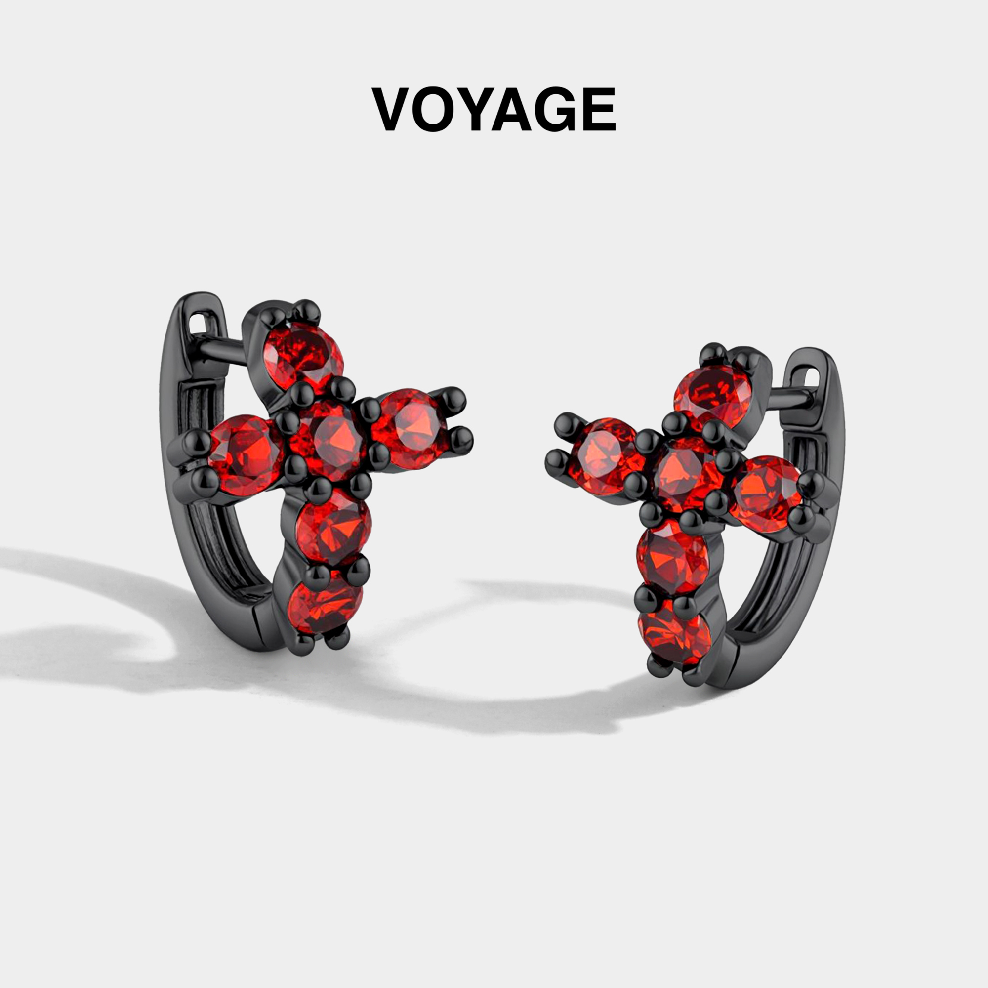 黑色直针耳环红色十字架素圈耳扣