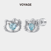 蓝色爱心锆石镂空kt猫钛合金耳钉钛钢耳骨钉耳蜗钉轻奢小众耳饰女