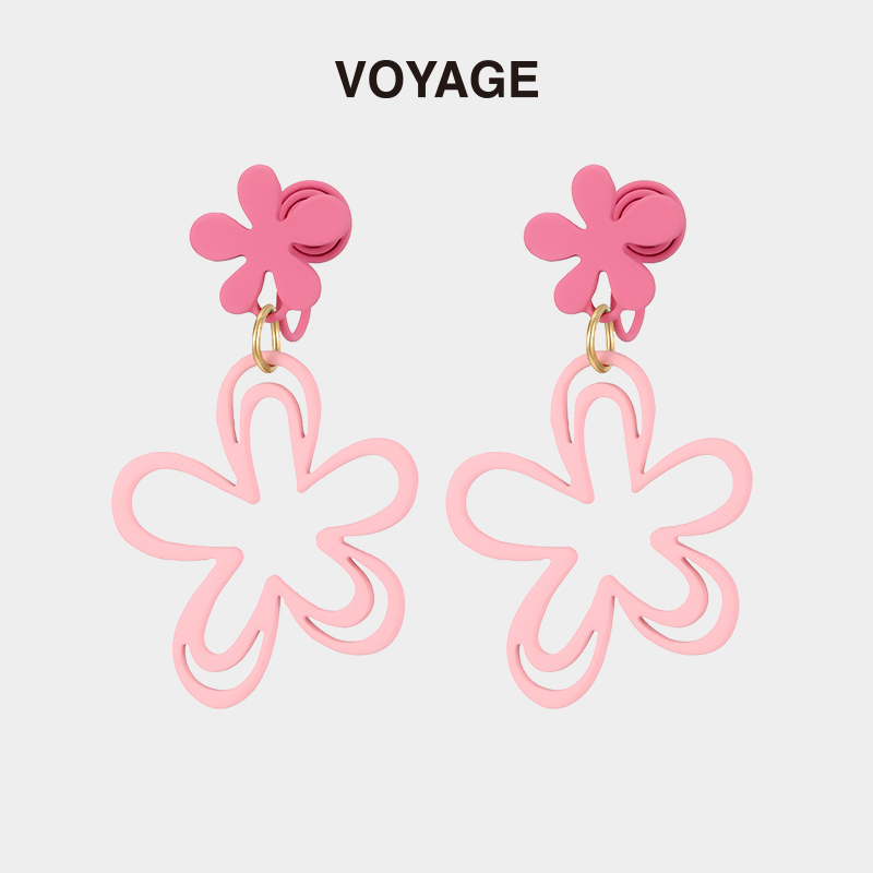 粉色花朵夸张耳夹无耳洞度假风