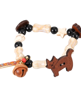 新中式木质小猫咪铃铛天然石手链