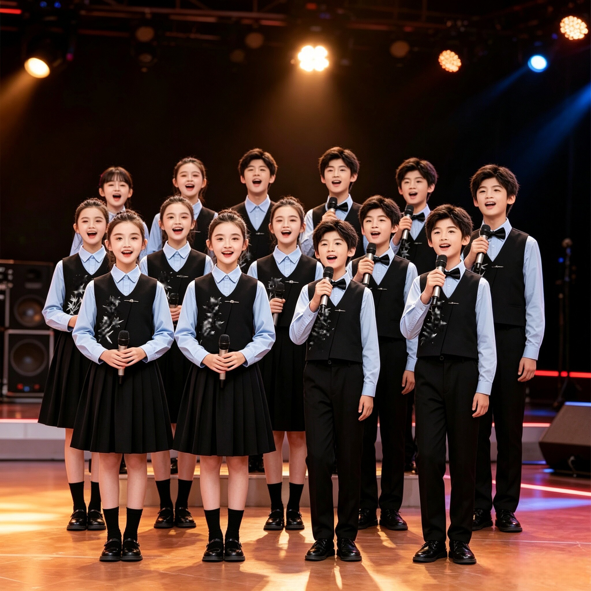 中小学生男女合唱表演服儿童诗歌朗诵蓝衬衫竹叶刺绣马甲舞台服装