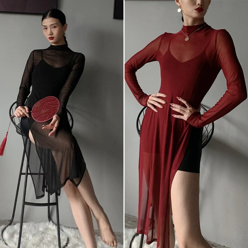 国风爵士旗袍舞蹈服女薄款弹力性感透视网纱裙修身开叉瑜伽连衣裙