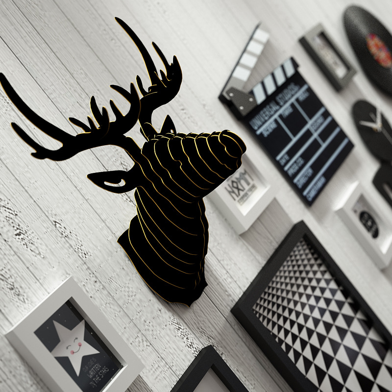厂现代简约客厅鹿头照片墙创意大钟表组合相框黑白艺术装饰挂画销图片