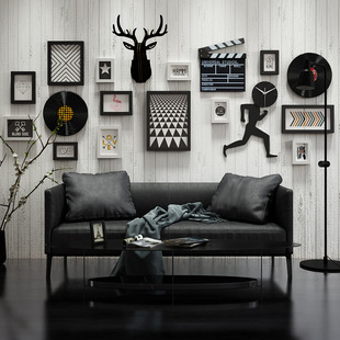 饰挂画框 现代简约客厅鹿头照片墙创意大钟表组合相框黑白艺术装