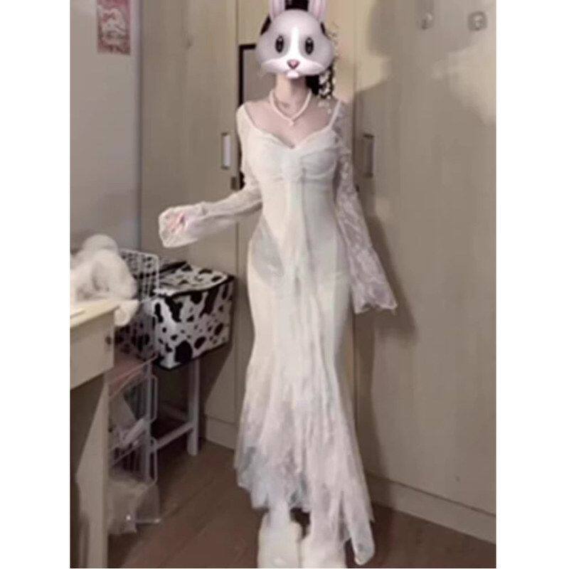 法式立体花朵飘带长袖礼服连衣裙女纯欲性感蕾丝收腰显瘦鱼尾长裙