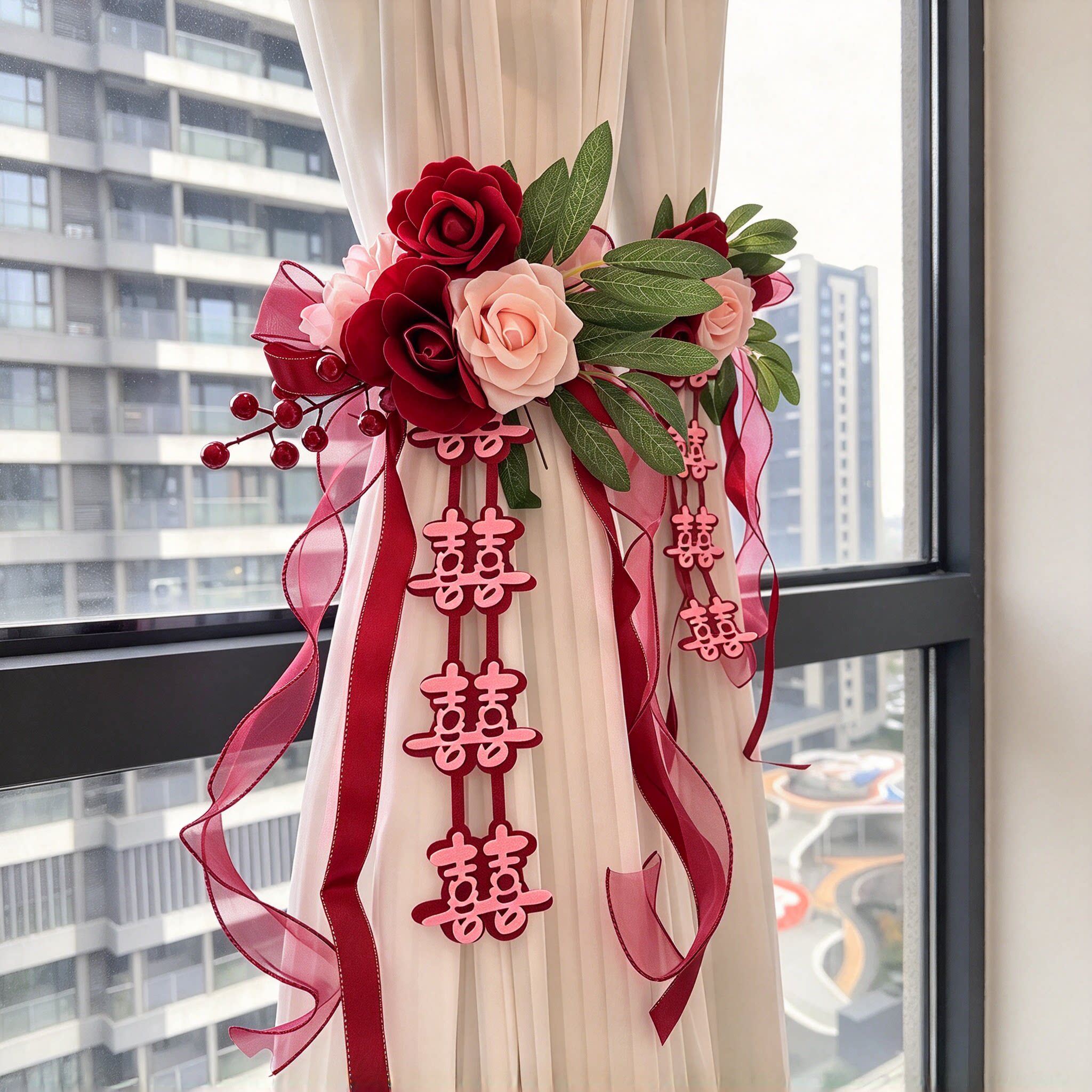 真玫瑰花艺窗帘装饰结婚场景布置婚房喜字拉花绑带挂件拍照出片
