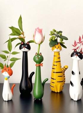 可爱猫咪花瓶摆件玄关桌面客厅插画创意装饰小众高级干花装饰摆件