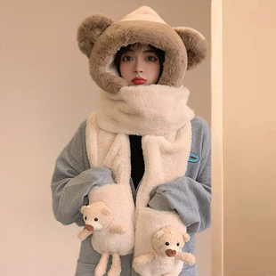 可爱小熊耳罩冬女围巾帽子一体连帽加绒加厚保暖防寒冬季耳包耳罩