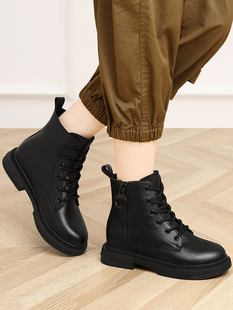 靴子英伦风格2025新款冬季天鹅绒皮鞋真皮平底鞋短靴春秋季单靴女