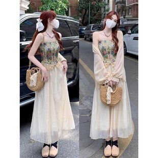 法式复古油画碎花吊带背心防晒衫半身长裙女夏季2024新款时尚套装