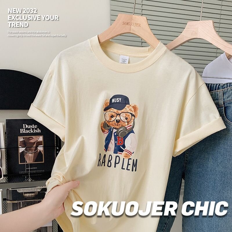 正肩纯棉短袖t恤女夏季薄款圆领内搭宽松白色上衣潮流熊-YAM003