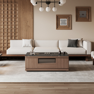 实木岩板功夫茶几现代简约多功能小户型客厅一体家用泡茶台 新中式