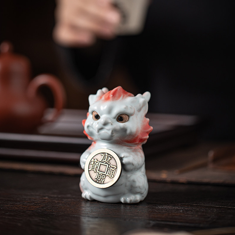 汝窑小龙醒狮茶宠天青开片可养茶玩摆设手把摆件陶瓷茶具个性送礼
