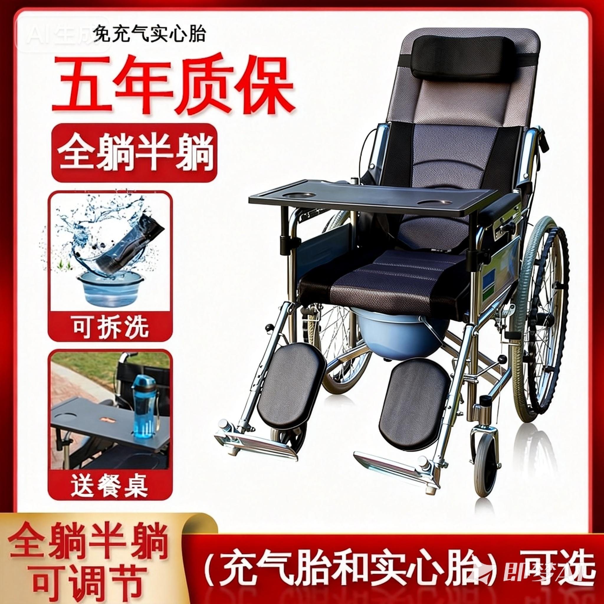 凯芝轮椅折叠轻便老人带坐便器骨折专用老年瘫痪残疾人手推代步车