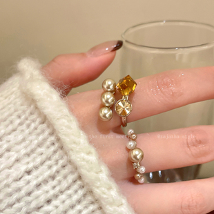 繁星闪烁~高级感香槟金珍珠开口戒指女款轻奢气质食指戒叠戴指环