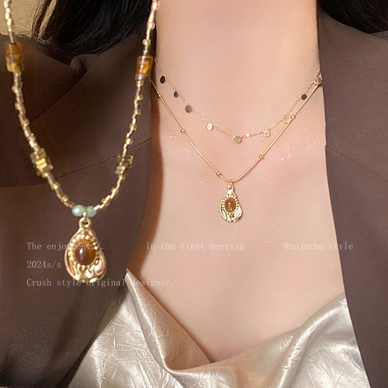 美拉德金色复古叠戴项链女中古老钱风古着毛衣链轻奢小众高级配饰图片
