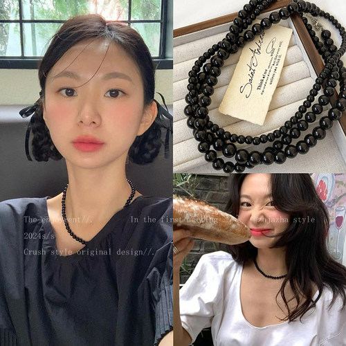 fever同款黑色珍珠项链女小众ins风高级感毛衣链轻奢串珠颈链配饰
