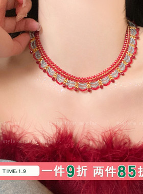 新中式复古红色蕾丝串珠颈链女