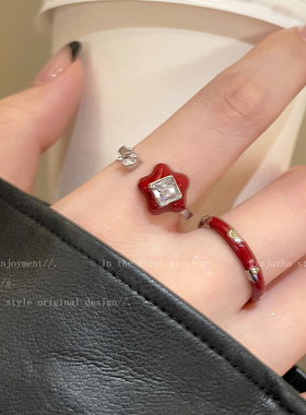 酒红色星星锆石开口戒指女复古港风小众设计食指戒秋冬叠戴指环潮