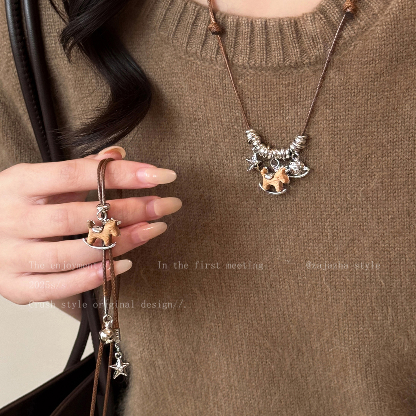 复古木质小马吊坠项链女