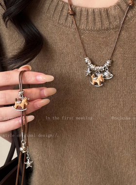 复古木质小马吊坠项链女
