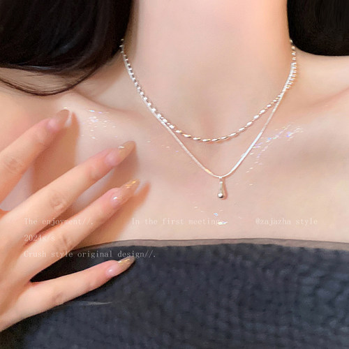 银色双层叠戴水滴项链