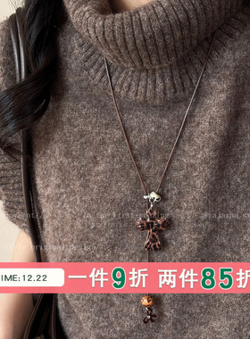 豹纹十字架蝴蝶结抽拉项链女