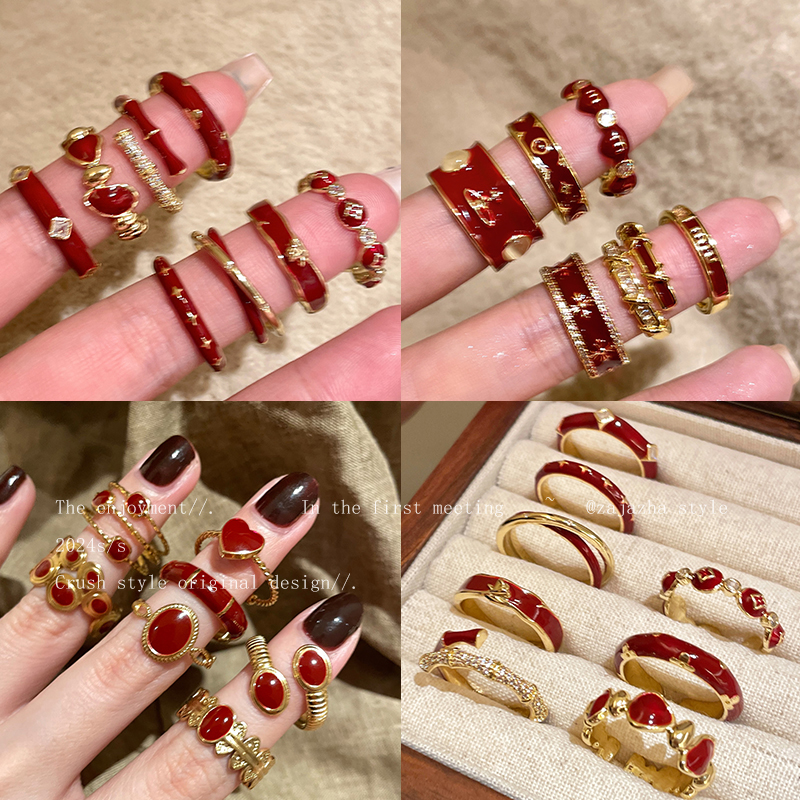 安可拉红色锆石戒指女秋冬2025新年轻奢高级感食指戒偏财叠戴指环