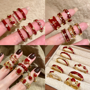 安可拉红色锆石戒指女秋冬轻奢高级感食指戒小众设计中古叠戴指环
