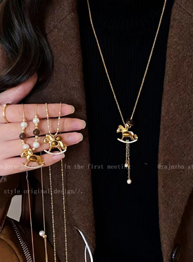 金色虎眼石小马项链女秋冬