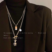 双层毛衣链男士 小熊钛钢卫衣项链女生小众轻奢高级感长款 配饰男款